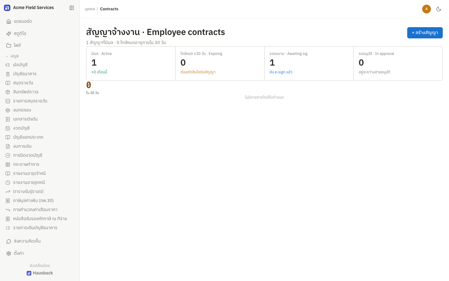 ภาพรวมสถานะสัญญาจ้างในโมดูล HR ของ Hausback ERP